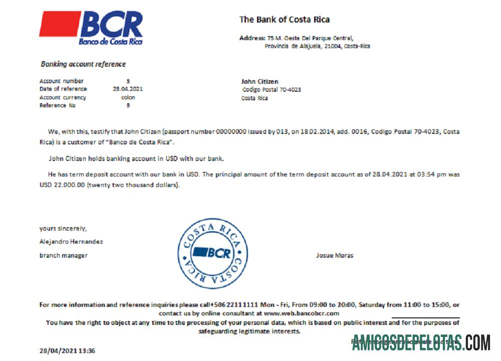 Costa Rica Referência do Banco da Costa Rica exemplo real